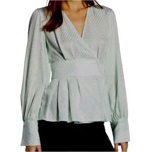 Something Navy Mint Green Jacquard Wrap Blouse XXS Peplum Viscose Top